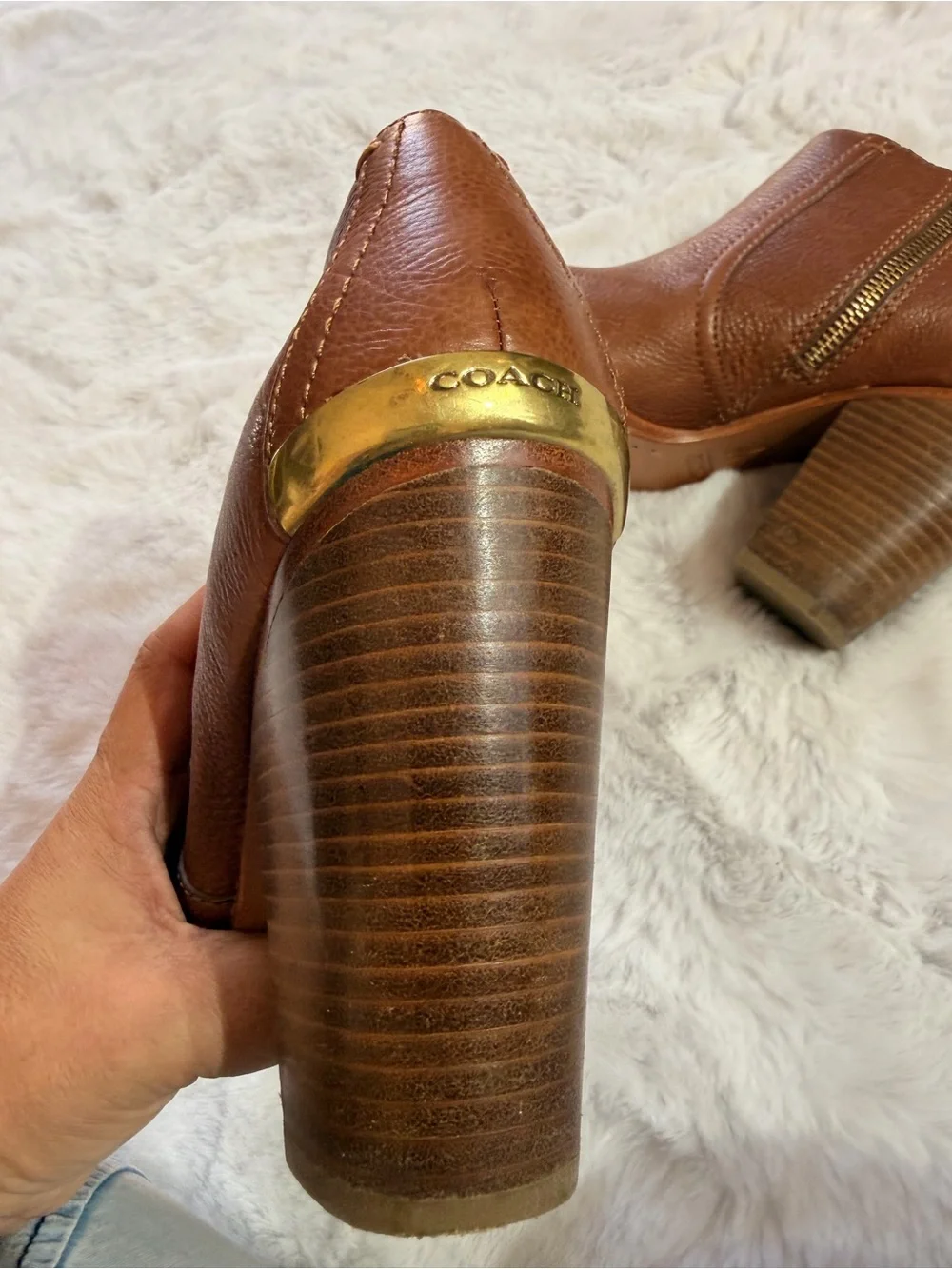 Coach Brown Leather Ankle Booties with Stacked Heel